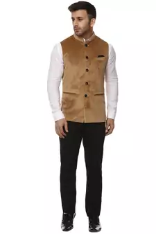 Beige Plain Velvet Nehru Jacket