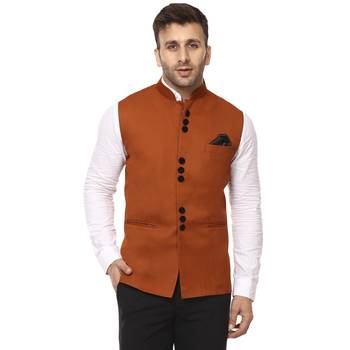 Brown Plain Cotton Poly Nehru Jacket 1