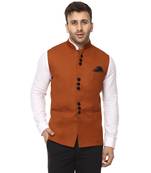 Brown Plain Cotton Poly Nehru Jacket