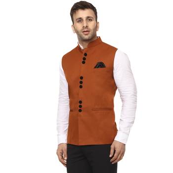 Brown Plain Cotton Poly Nehru Jacket 2