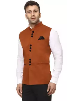 Brown Plain Cotton Poly Nehru Jacket