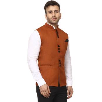 Brown Plain Cotton Poly Nehru Jacket 3