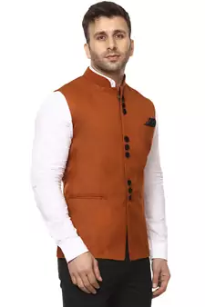 Brown Plain Cotton Poly Nehru Jacket