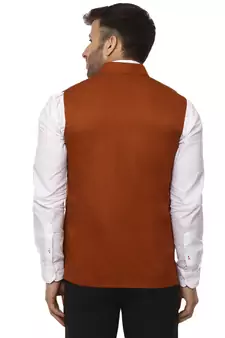 Brown Plain Cotton Poly Nehru Jacket