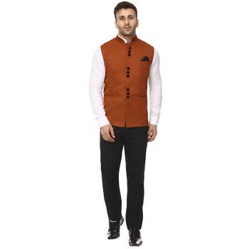 Brown Plain Cotton Poly Nehru Jacket 5
