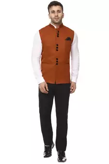 Brown Plain Cotton Poly Nehru Jacket