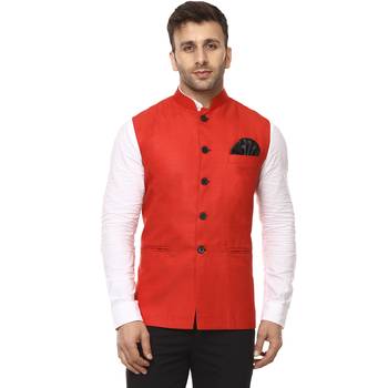 Red Plain Cotton Poly Nehru Jacket 1