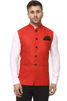 Red Plain Cotton Poly Nehru Jacket