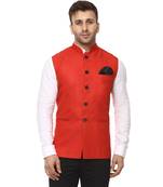 Red Plain Cotton Poly Nehru Jacket