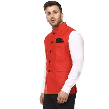 Red Plain Cotton Poly Nehru Jacket 2