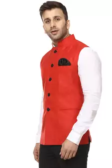 Red Plain Cotton Poly Nehru Jacket