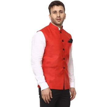 Red Plain Cotton Poly Nehru Jacket 3