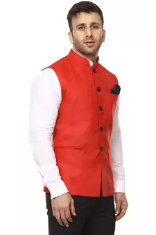 Red Plain Cotton Poly Nehru Jacket