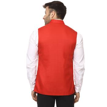 Red Plain Cotton Poly Nehru Jacket 4