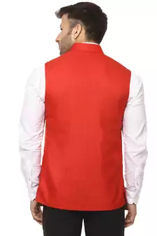 Red Plain Cotton Poly Nehru Jacket