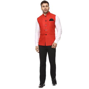 Red Plain Cotton Poly Nehru Jacket 5