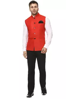 Red Plain Cotton Poly Nehru Jacket
