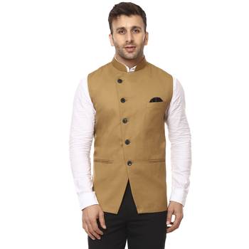 Brown Plain Cotton Poly Nehru Jacket 1