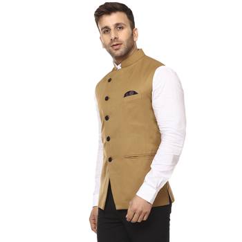 Brown Plain Cotton Poly Nehru Jacket 2