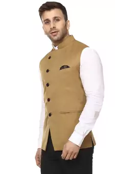 Brown Plain Cotton Poly Nehru Jacket