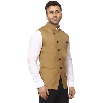 Brown Plain Cotton Poly Nehru Jacket 3