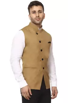 Brown Plain Cotton Poly Nehru Jacket