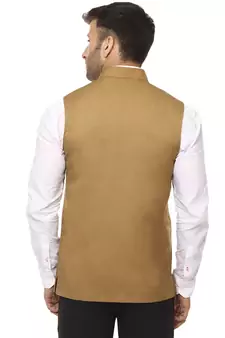 Brown Plain Cotton Poly Nehru Jacket