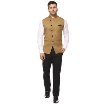 Brown Plain Cotton Poly Nehru Jacket 5