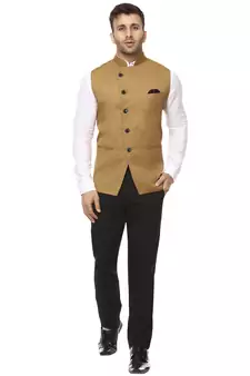Brown Plain Cotton Poly Nehru Jacket