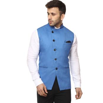 Blue Plain Cotton Poly Nehru Jacket 1