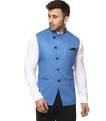 Blue Plain Cotton Poly Nehru Jacket