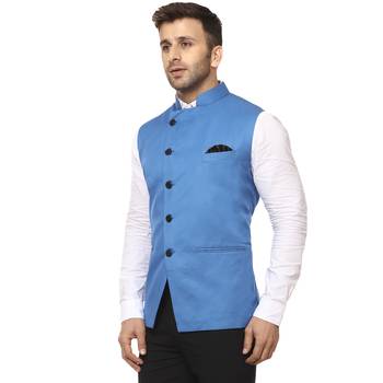 Blue Plain Cotton Poly Nehru Jacket 2