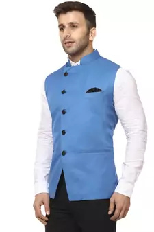 Blue Plain Cotton Poly Nehru Jacket