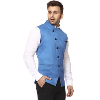 Blue Plain Cotton Poly Nehru Jacket 3