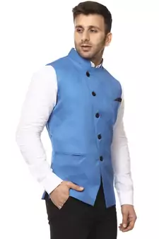 Blue Plain Cotton Poly Nehru Jacket