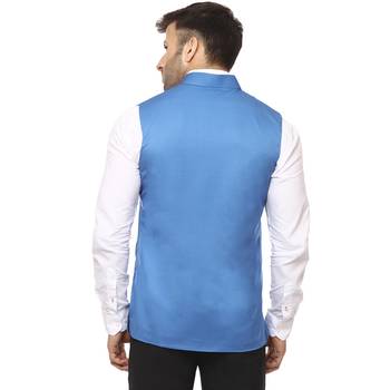 Blue Plain Cotton Poly Nehru Jacket 4