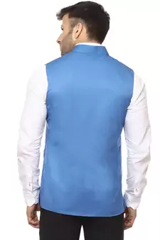 Blue Plain Cotton Poly Nehru Jacket