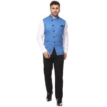 Blue Plain Cotton Poly Nehru Jacket 5