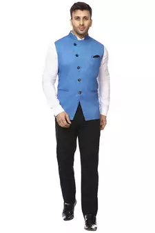 Blue Plain Cotton Poly Nehru Jacket