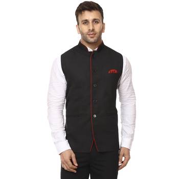 Black Plain Cotton Poly Nehru Jacket 1