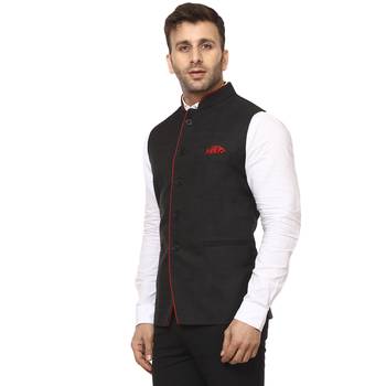 Black Plain Cotton Poly Nehru Jacket 2