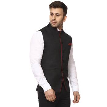 Black Plain Cotton Poly Nehru Jacket 3