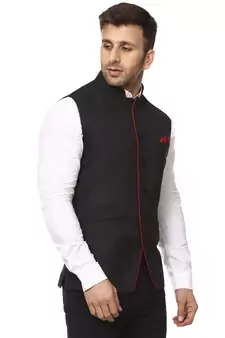 Black Plain Cotton Poly Nehru Jacket