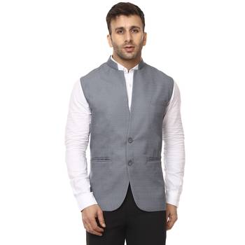Grey Plain Cotton Poly Nehru Jacket 1