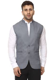 Grey Plain Cotton Poly Nehru Jacket