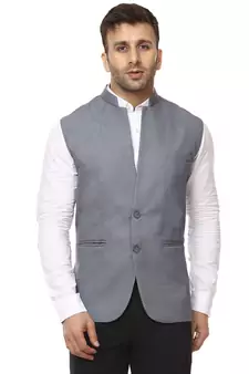 Grey Plain Cotton Poly Nehru Jacket