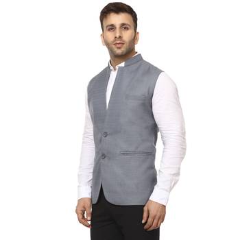 Grey Plain Cotton Poly Nehru Jacket 2