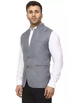 Grey Plain Cotton Poly Nehru Jacket