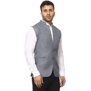 Grey Plain Cotton Poly Nehru Jacket 3
