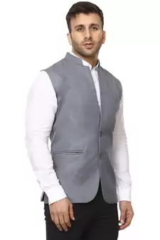 Grey Plain Cotton Poly Nehru Jacket